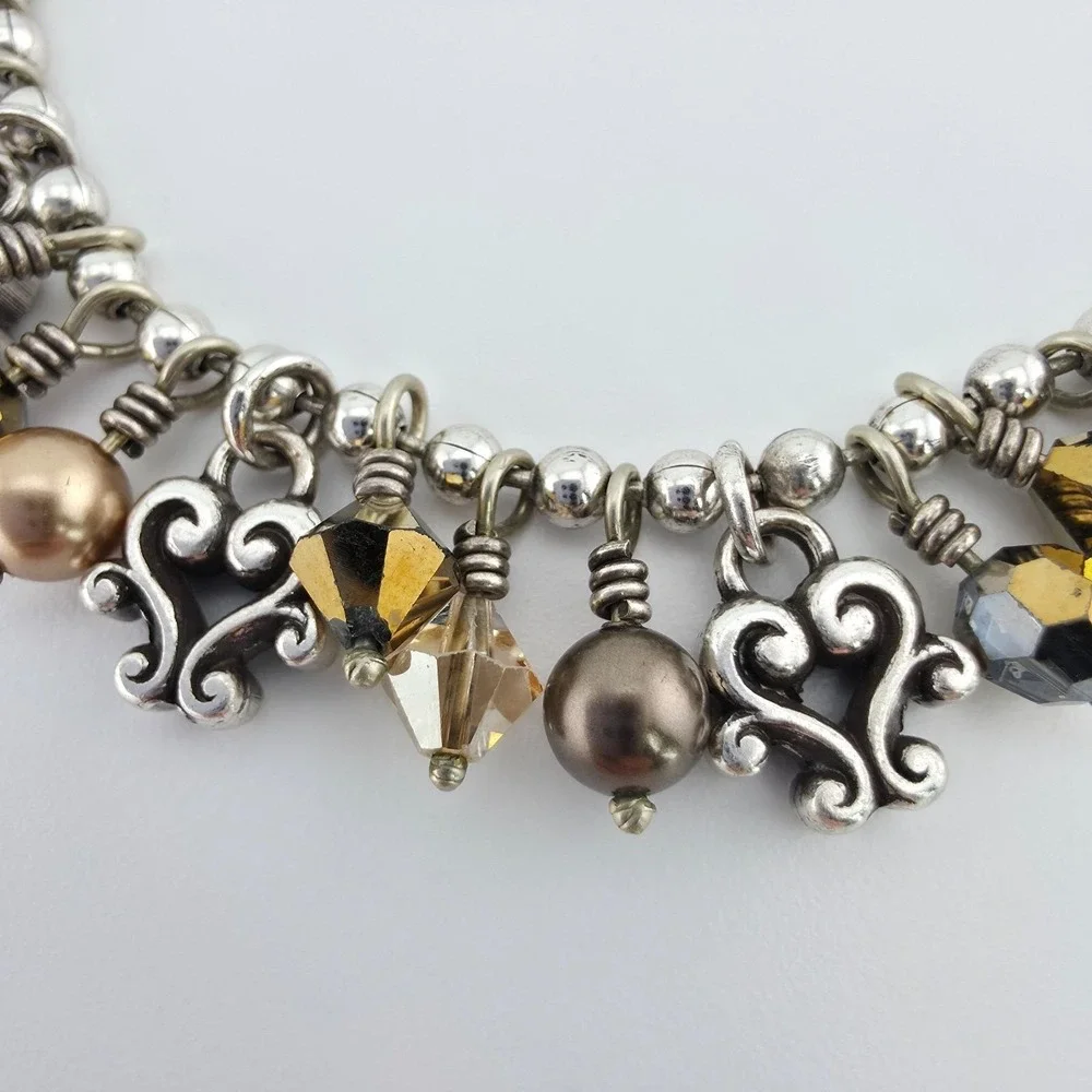 BRIGHTON 'Cannes' Bracelet Heart Crystal Fringe Charm Scroll Silver Plate 7.75
